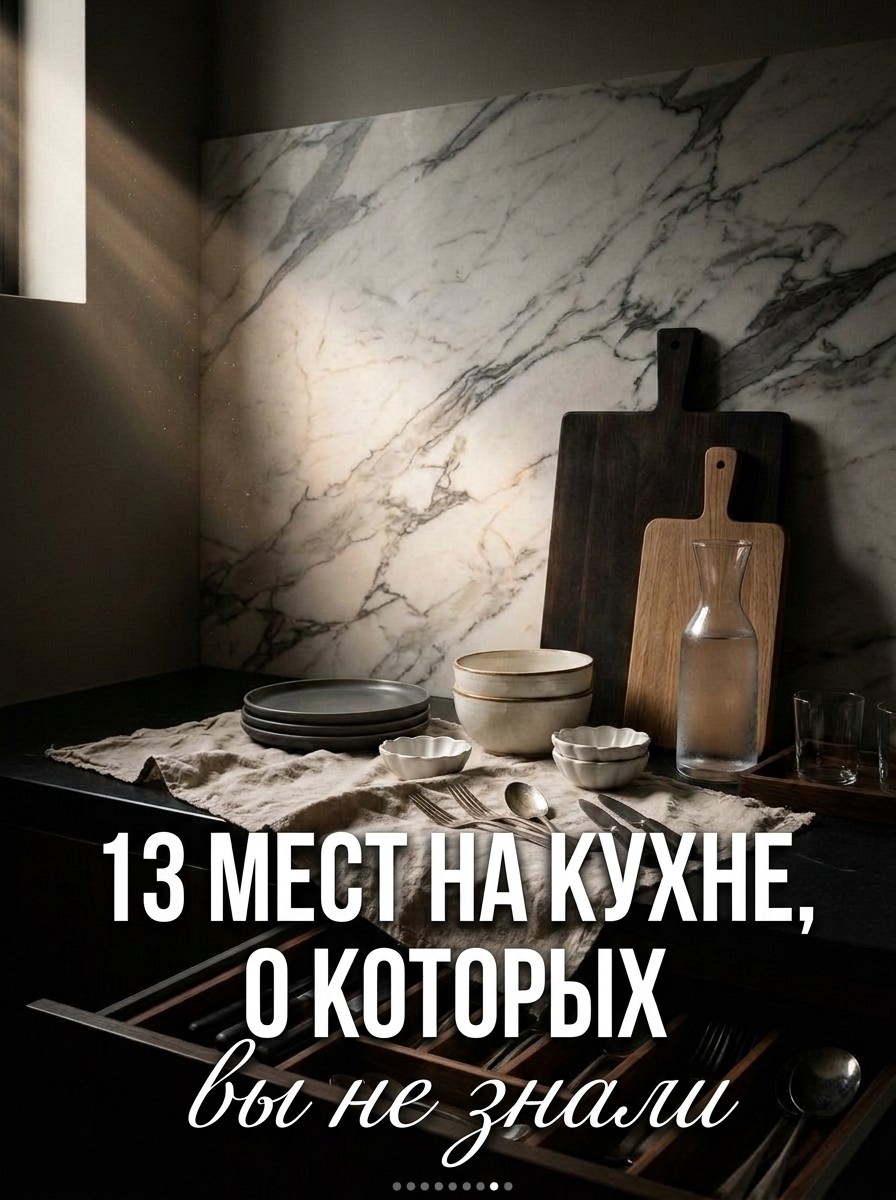 Мраморный фартук, разделочные доски и выдвинутый ящик с приборами