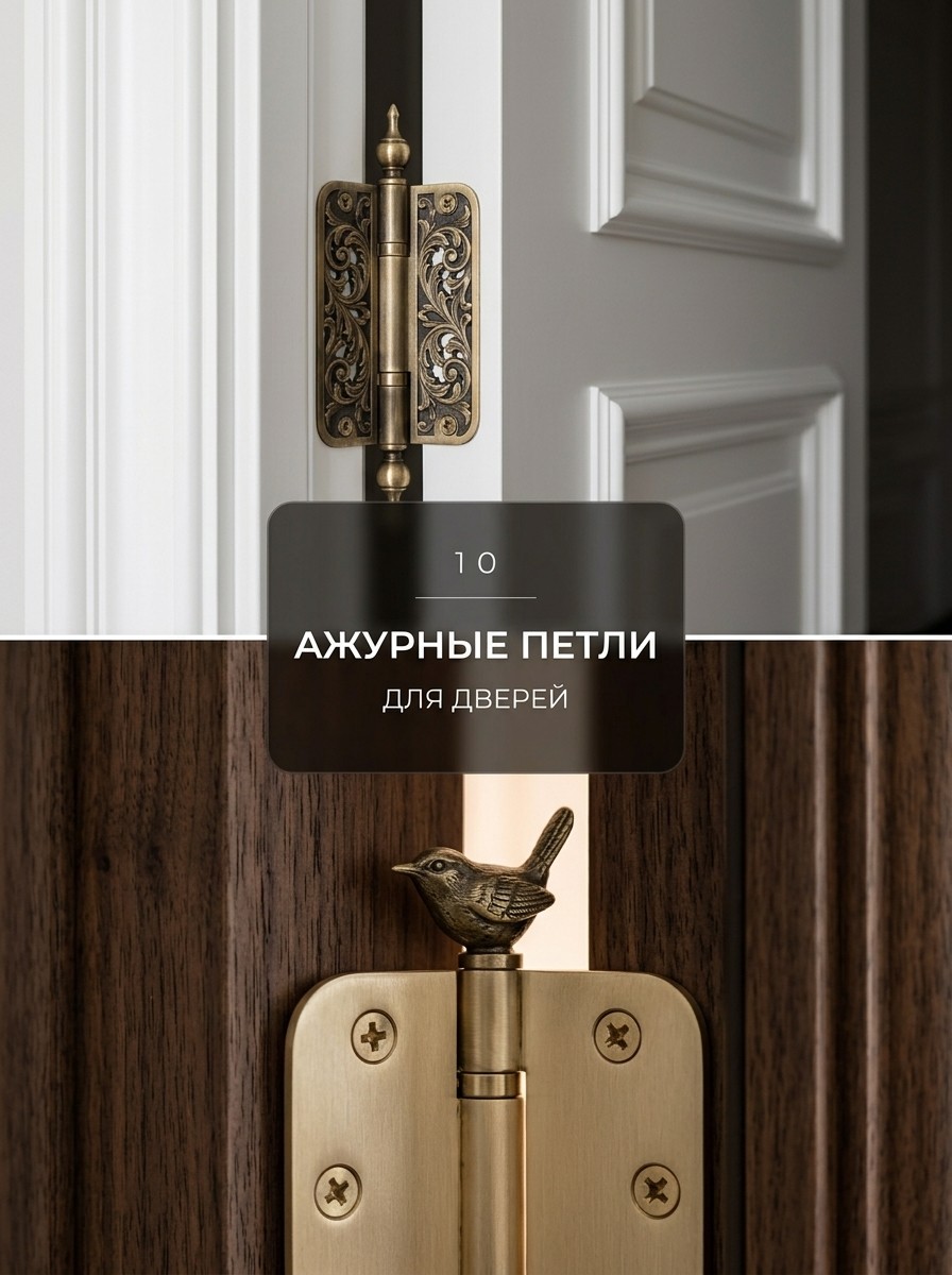 Ажурные дверные петли из латуни с растительным орнаментом и фигуркой птички на двери