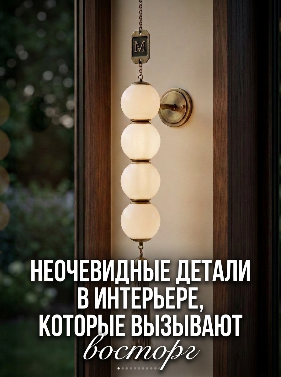 Настенный светильник из четырех матовых шаров на латунной цепи у темного дверного наличника