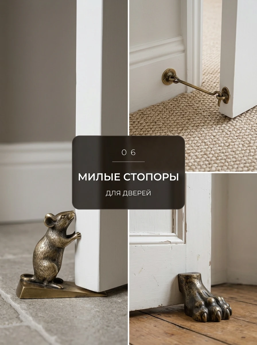 Декоративные стопоры для дверей из латуни: мышь на клине, лапа и крючок-фиксатор
